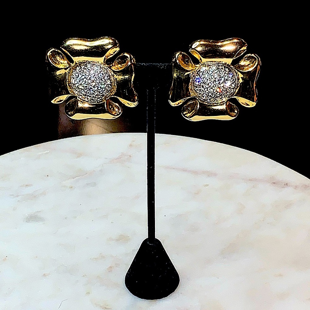 VALENTINO GARAVANI EARRINGS SWAROVSKI CRYSTAL GOLD CLIP VINTAGE 90s MADE N ITALY